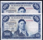BANCO DE ESPAÑA. 500 pesetas. 7-1954. Pareja correlativa. Serie A. ED-D69a. SC..