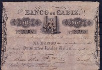 BANCO DE CÁDIZ. 500 reales de vellón. 1859. I emisión. ED-A68. Rotura en la esquina inferior izq. MBC-.
