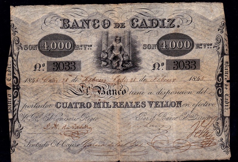 BANCO DE CÁDIZ. 4000 reales de vellón. 1855. I emisión. ED-A71. Rotura en la esq...