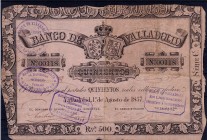 BANCO DE VALLADOLID. 500 reales de vellón. 1857. ED-A124. Curiosa cuenta de cinco líneas realizada en el rev. BC+.