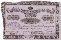BANCO DE VALLADOLID. 1000 reales de vellón. 1857. ED-A125. Restaurado en el lateral izquierdo. Manchitas de óxido. MBC. Muy escasa.