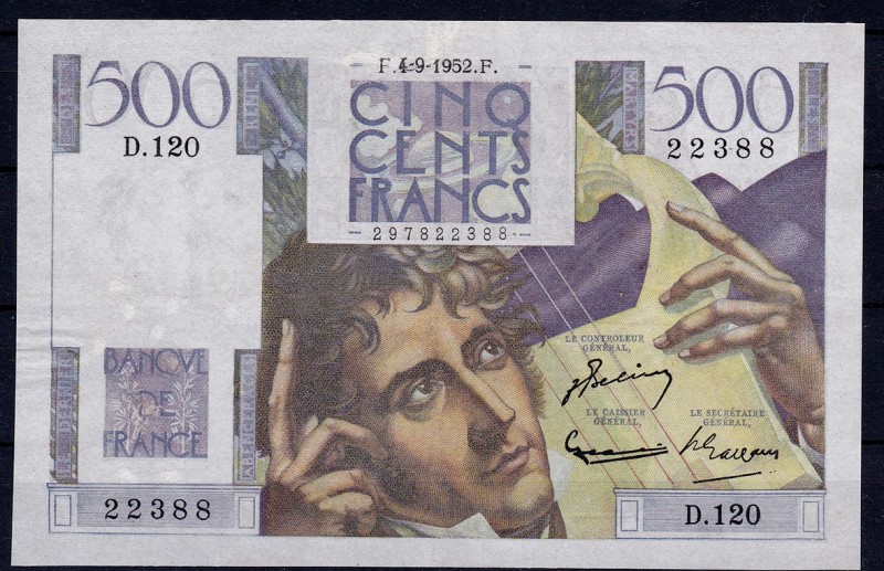 FRANCIA. 500 francos. 4-9-1952. Pick-129c. Restaurado. MBC.