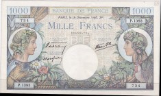 FRANCIA. 1000 francos. 19-12-1940. Pick-96a. Grafiti 80a a lápiz en la esquina superior derecha. MBC+.