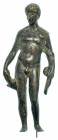 GRECIA. Época Helenística. Bronce. Figura de atleta sujetando clámide y haltera. Altura: 9,6 cm. Incluye peana. Siglos III-I a.C.