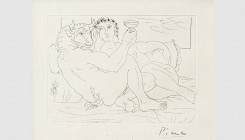 Pablo Picasso (Malaga 1881 - 1973 Mougins). Minotaur with a cup in hand, young woman, 1933. Etching on Montval laid paper. 26.5x19cm. Signed in pencil...