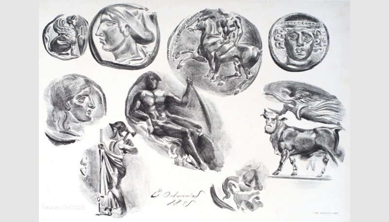 Eugène Delacroix (1798-1863). Studies of nine greek coins, 1825. Lithograph. 30x...