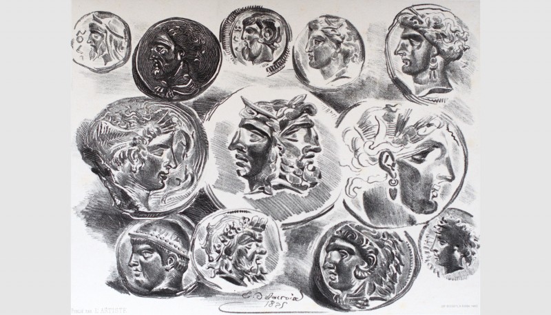 Eugène Delacroix (1798-1863). Studies of twelve greek coins, 1825. Lithograph. 3...
