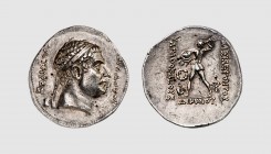 Baktria. Agathokles. Commemorative issue for Diodotos II. 185-175 BC. AR Tetradrachm (16.82g, 12h). Bopearachchi 14a; SNG ANS 259. Lightly toned. Perf...
