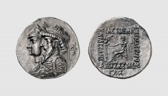 Elymais. Kamnaskires III, with Anzaze. Seleucia on the Hedyphon. 82-74 BC. AR Tetradrachm (15.93g, 12h). Alram 454; Morgan 4. Attractively toned. Perf...