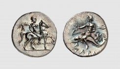 Calabria. Tarentum. Occupation of Hannibal. 212-209 BC. AR 1/2 Shekel (3.61g, 3h). Vlasto 986; SNG ANS 1272. Lightly toned. Well-centered. Virtually a...