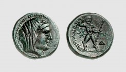 Bruttium. Petelia. 215-210 BC. Æ Sextans (8.29g, 12h). Attianese 9; HN Italy 2543. Glossy dark green patina. Extremely fine. From a European private c...