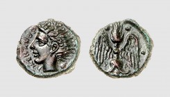 Sicily. Katane. 412-410 BC. Æ Tetras (2.40g, 8h). Calciati 1; SNG ANS 1272. Superb dark green patina. Extremely fine. From a European private collecti...