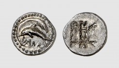 Sicily. Zankle. 500-490 BC. AR Obol (0.67g). Gielow 71; SNG Lloyd 1078. Old cabinet tone. Exceptional for issue. Choice extremely fine. From a Europea...