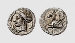 Sicily. Syracuse. 334-317 BC. AR Hemidrachm (1.30g, 6h). SNG ANS 514; SNG München 1130. Old cabinet tone. Rough surfaces. Good very fine. From a Europ...