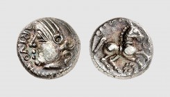 Gallia. Santoni. Saintes area. 1st century BC. AR Quinarius (1.91g, 11h). LT 4525; DT 3265. Old cabinet tone. Virtually as struck and almost Fdc. From...
