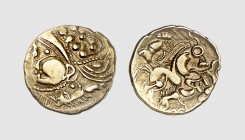 Gallia. Eburovices. Evreux area. 1st century BC. AV 1/2 Stater (3.27g, 9h). LT -; DT 2403 (this coin). Lightly toned. One of the finest known. Choice ...