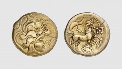 Gallia. Bodiocasses. Bayeux area. 1st century BC. AV 1/4 Stater (1.74g, 8h). LT 6963; DT 2256. Lightly toned. Unusually well-centered on a broad flan....