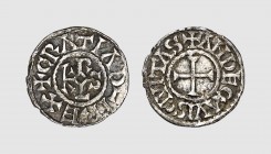 France. Charles the Bald. Angers. 864-875. AR Obol (0.63g, 6h). Prou -; Depeyrot -. Old cabinet tone. Slightly wavy flan. Exceptional for issue. Extre...