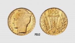 France. 3rd Republic. Paris. 1935. AV 100 Francs (6.55g, 6h). Mazard 2345; Friedberg 598. Lightly toned. PCGS MS64