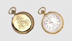 Longines. Saint-Imier. 18k Gold open face chronograph pocket watch with pulsations, ca. 1920s. Manually wound mechanical movement. Caliber 19.73N. Num...