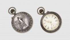 Silversteel pocket watch with a cyclist, early 20th century. Diameter 52mm