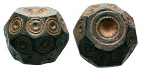 Byzantine bronze barrel weight with ring and dot motifs,About fine to about very fine.

Weight: 29,51 gr
Diameter: 19,00 mm