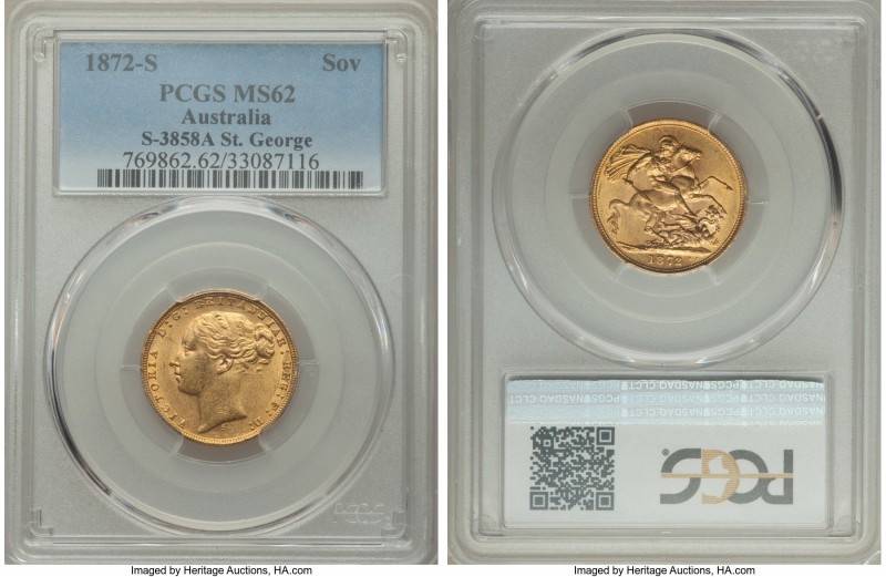 Victoria gold "St. George" Sovereign 1872-S MS62 PCGS, Sydney mint, KM7, S-3858A...