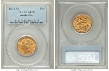 Victoria gold "St. George" Sovereign 1874-M AU58 PCGS, Melbourne mint, KM7. Lustrous and displaying striking boldness for having seen any degree of ci...