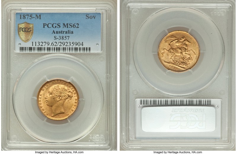 Victoria gold "St. George" Sovereign 1875-M MS62 PCGS, Melbourne mint, KM7, S-38...