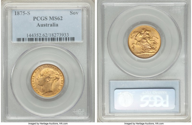Victoria gold "St. George" Sovereign 1875-S MS62 PCGS, Sydney mint, KM7. The fin...