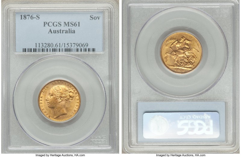Victoria gold "St. George" Sovereign 1876-S MS61 PCGS, Sydney mint, KM7. Notably...