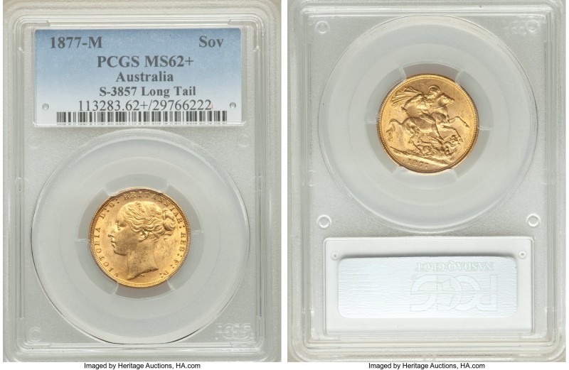 Victoria gold "St. George" Sovereign 1877-M MS62+ PCGS, Melbourne mint, KM7, S-3...