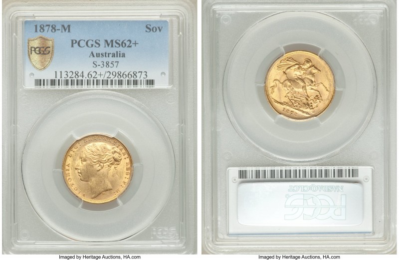 Victoria gold "St. George" Sovereign 1878-M MS62+ PCGS Melbourne mint, KM7, S-38...
