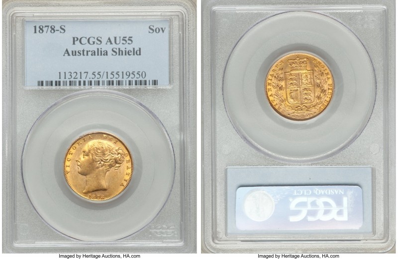 Victoria gold "Shield" Sovereign 1878-S AU55 PCGS, Sydney mint, KM6. AGW 0.2355 ...