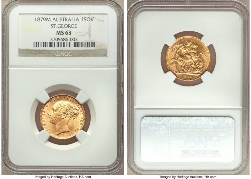 Victoria gold "St. George" Sovereign 1879-M MS63 NGC, Melbourne mint, KM7. Lumin...