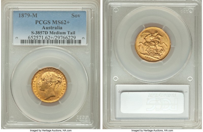 Victoria gold "St. George" Sovereign 1879-M MS62+ PCGS, Melbourne mint, KM7, S-3...