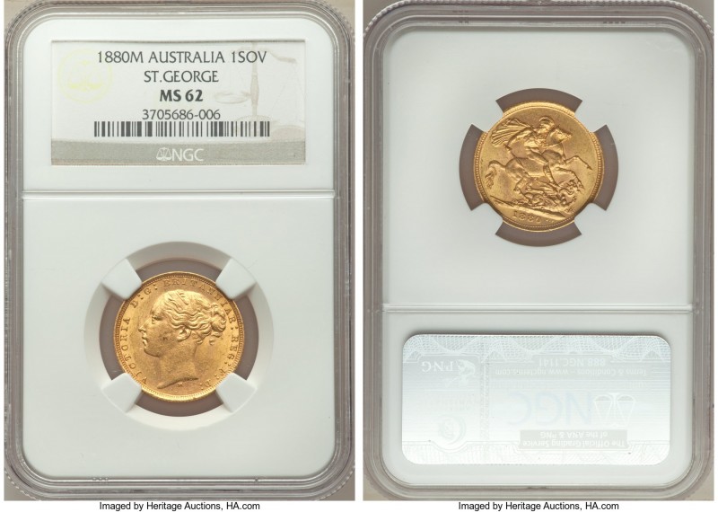 Victoria gold "St. George" Sovereign 1880-M MS62 NGC, Melbourne mint, KM7. Scarc...