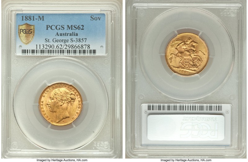Victoria gold "St. George" Sovereign 1881-M MS62 PCGS, Melbourne mint, KM7, S-38...