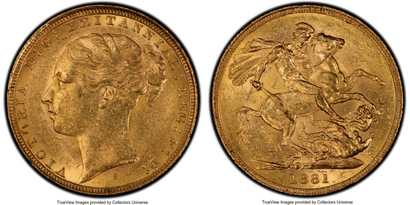 Victoria gold "St. George" Sovereign 1881-S MS61 PCGS, Sydney mint, KM7. Compara...