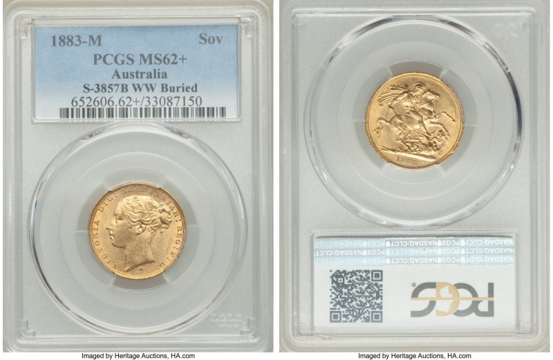 Victoria gold "St. George" Sovereign 1883-M MS62+ PCGS, Melbourne mint, KM7, S-3...