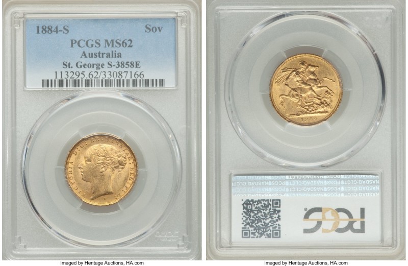 Victoria gold "St. George" Sovereign 1884-S MS62 PCGS, Sydney mint, KM7, S-3858E...