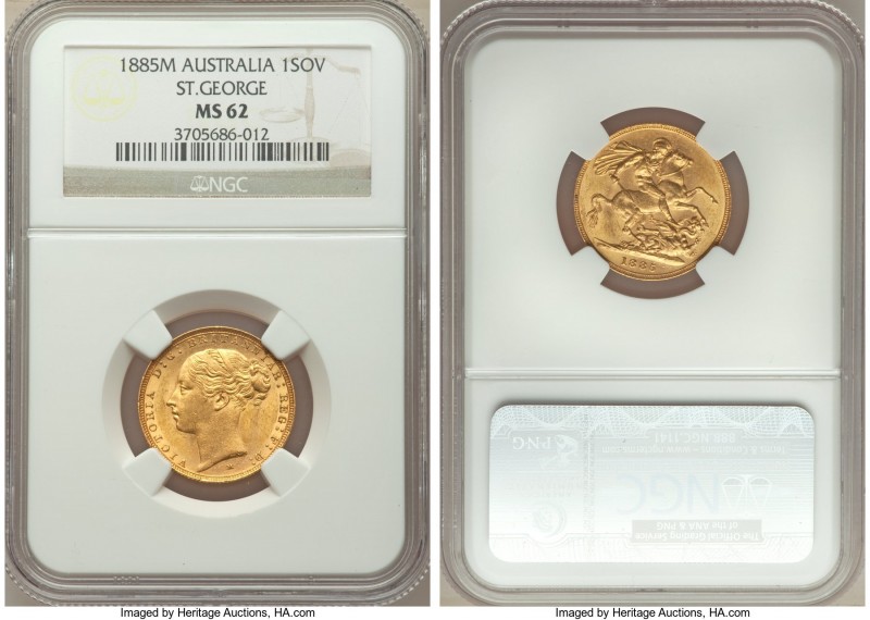 Victoria gold "St. George" Sovereign 1885-M MS62 NGC, Melbourne mint, KM7. Impre...