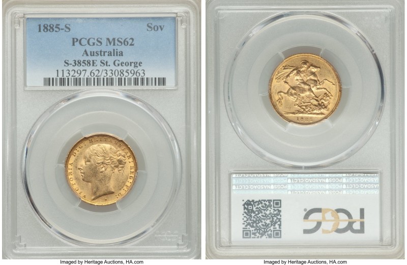 Victoria gold "St. George" Sovereign 1885-S MS62 PCGS, Sydney mint, KM7. Light f...