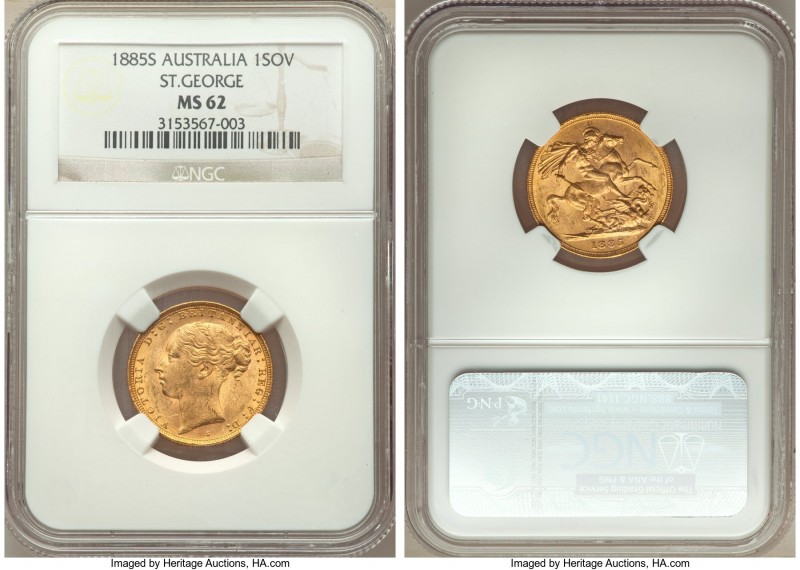 Victoria gold "St. George" Sovereign 1885-S MS62 NGC, Sydney mint, KM7. Precisel...