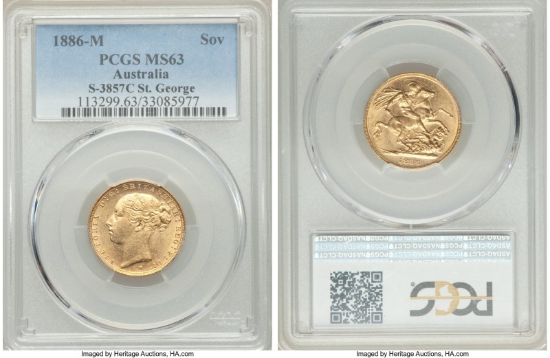 Victoria gold "St. George" Sovereign 1886-M MS63 PCGS, Melbourne mint, KM7, S-38...
