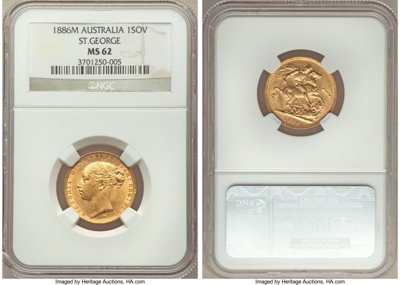 Victoria gold "St. George" Sovereign 1886-M MS62 NGC, Melbourne mint, KM7. AGW 0...