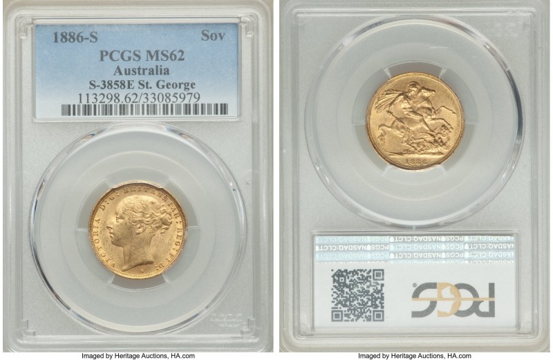 Victoria gold "St. George" Sovereign 1886-S MS62 PCGS, Sydney mint, KM7, S-3858E...