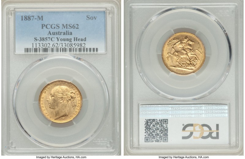 Victoria gold "St. George" Sovereign 1887-M MS62 PCGS, Melbourne mint, KM7, S-38...