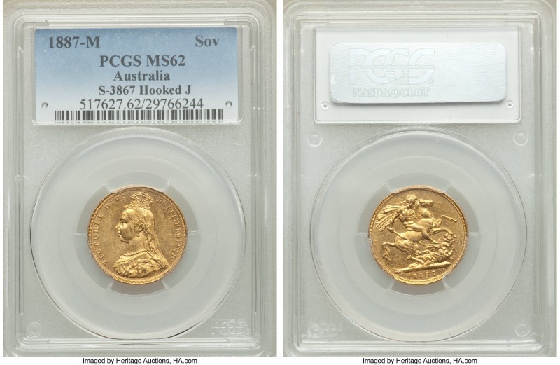 Victoria gold "Jubilee Head" Sovereign 1887-M MS62 PCGS, Melbourne mint, KM10, S...