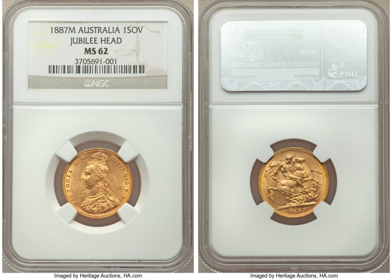 Victoria gold "Jubilee Head" Sovereign 1887-M MS62 NGC, Melbourne mint, KM10. Ne...